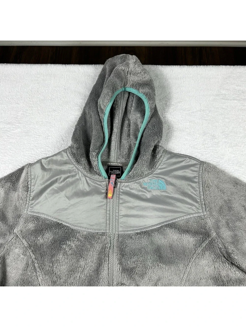 The North Face Girls XL 18 Gray Turquoise Fleece Full Zip Hooded Jacket